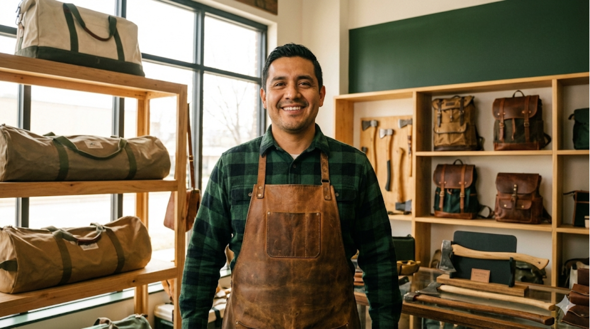 Vendor proudly standing in their outdoor gear shop